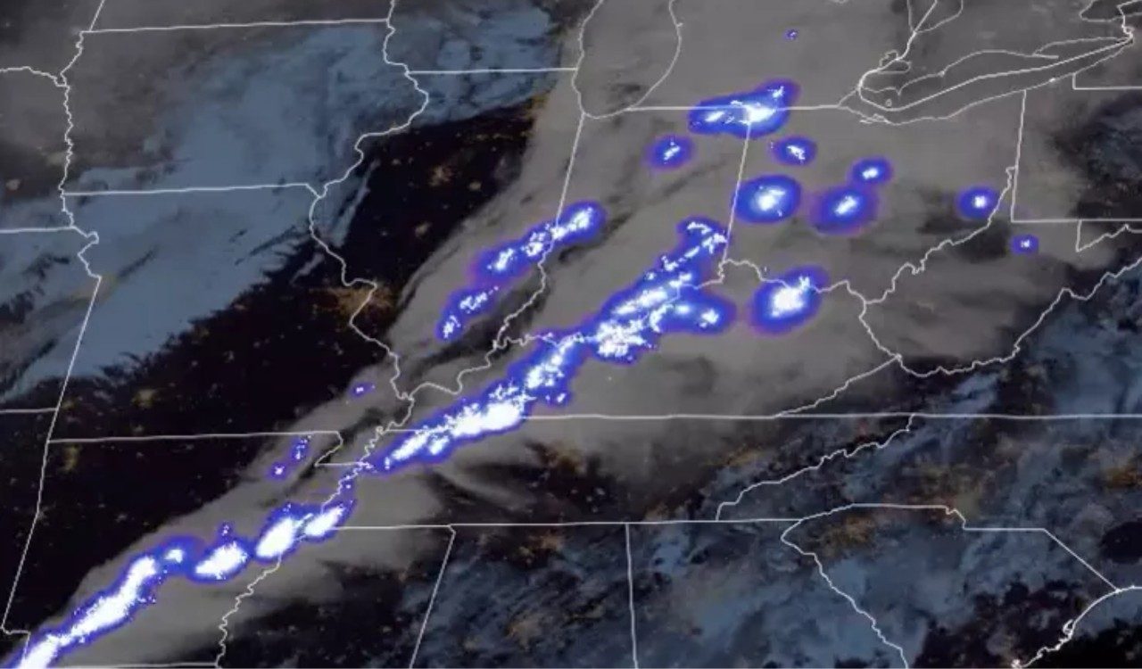Geostationary lightning mapper (GLM) imagery of lightning strikes across the midwest of the US.